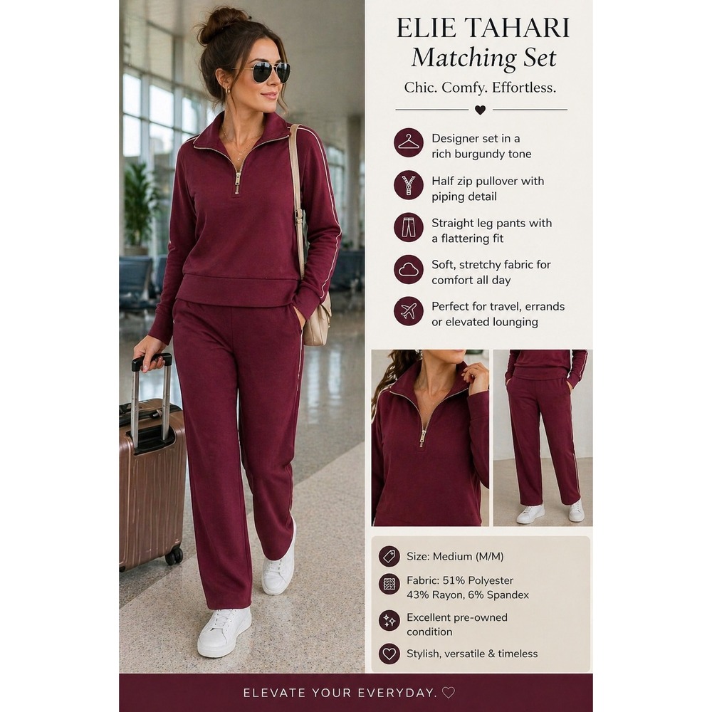Elie Tahari 2 Piece Tracksuit Set Women's M Half Zip Top & Pants Casual Lounge